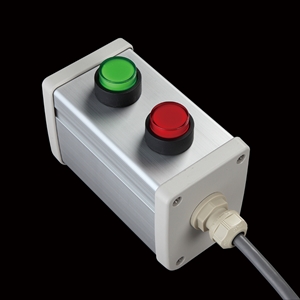SBOX-64x80-照光式押ボタン（丸形）2点/オムロン製付-1m配線済(防水ノーマルキャップ)