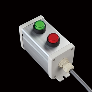 SBOX-64x80-照光式押ボタン（丸形）2点/オムロン製付-1m配線済(防水1点キャップ)