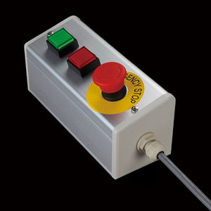 SBOX-85x95(D)-照光式非常停止+押ボタン2点/オムロン製付-1m配線済