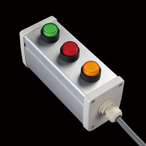 SBOX-64x80-照光式押ボタン（丸形）3点/オムロン製付-1m配線済(防水ノーマルキャップ)
